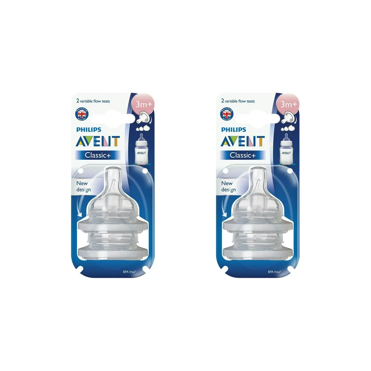 2x 2pc Philips Avent Classic+ Variable Flow Teat/Baby Bottle Nipple Clear 3m+