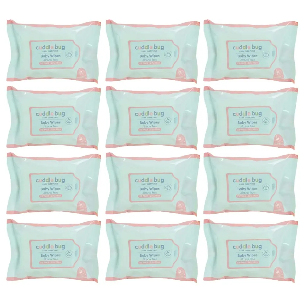 12x 20pc Cuddle Bug Comfort Cleansing Fragrance Free Baby Wipes 14cm Pink/Blue