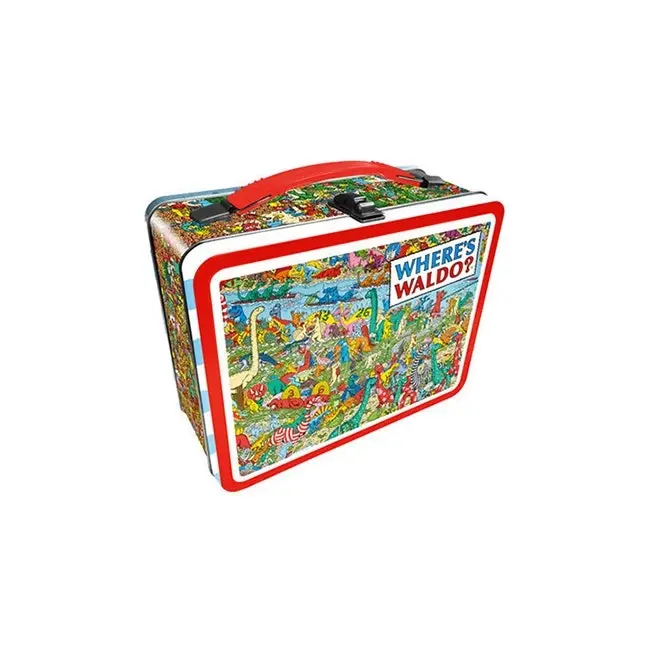 AQUARIUS Tin Carry All Fun Kids/Childrens Lunch Box Wheres Waldo Themed Set