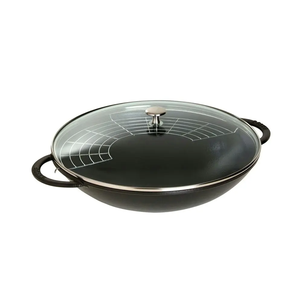 Staub 32cm/5.7L Stainless Steel Wok Kitchen Cooking/Frying Pan w/ Glass Lid BLK