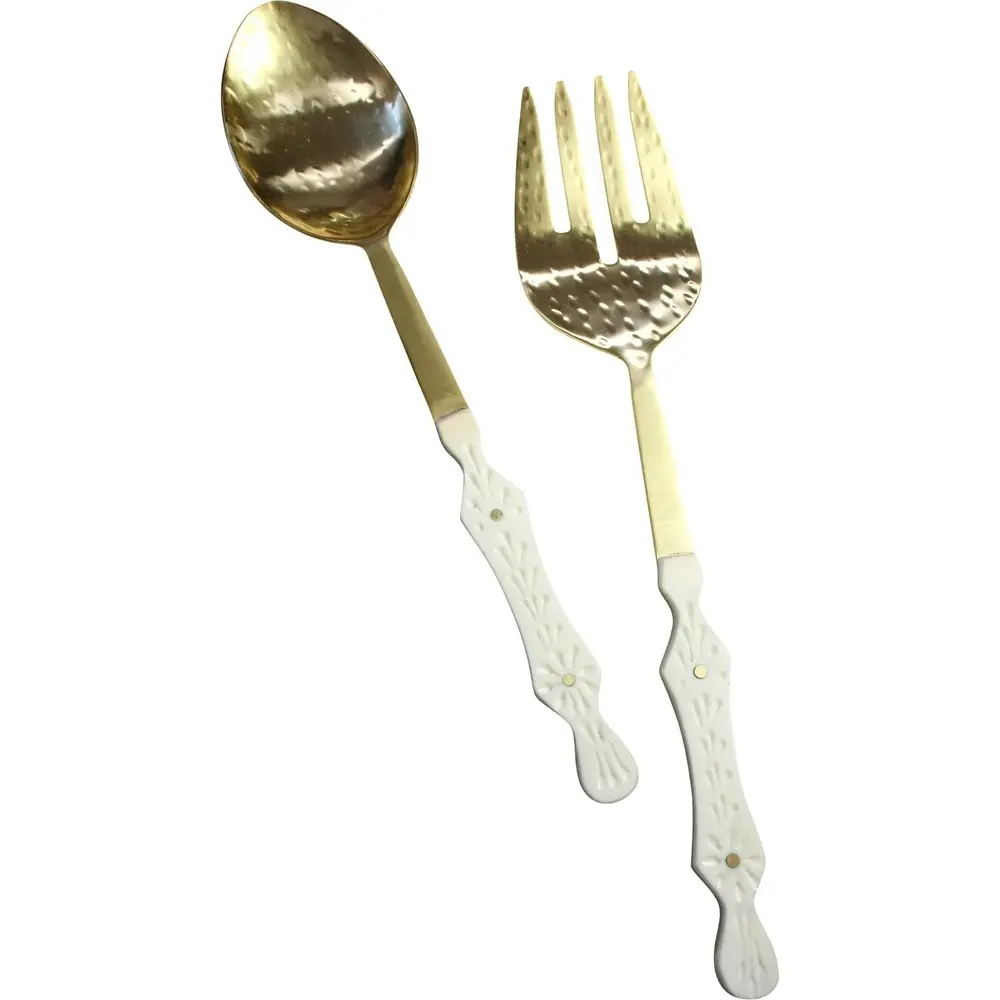 2pc LVD Brass/Resin Salad Server Sienna Spoon/Fork Utensils 18cm White/Gold