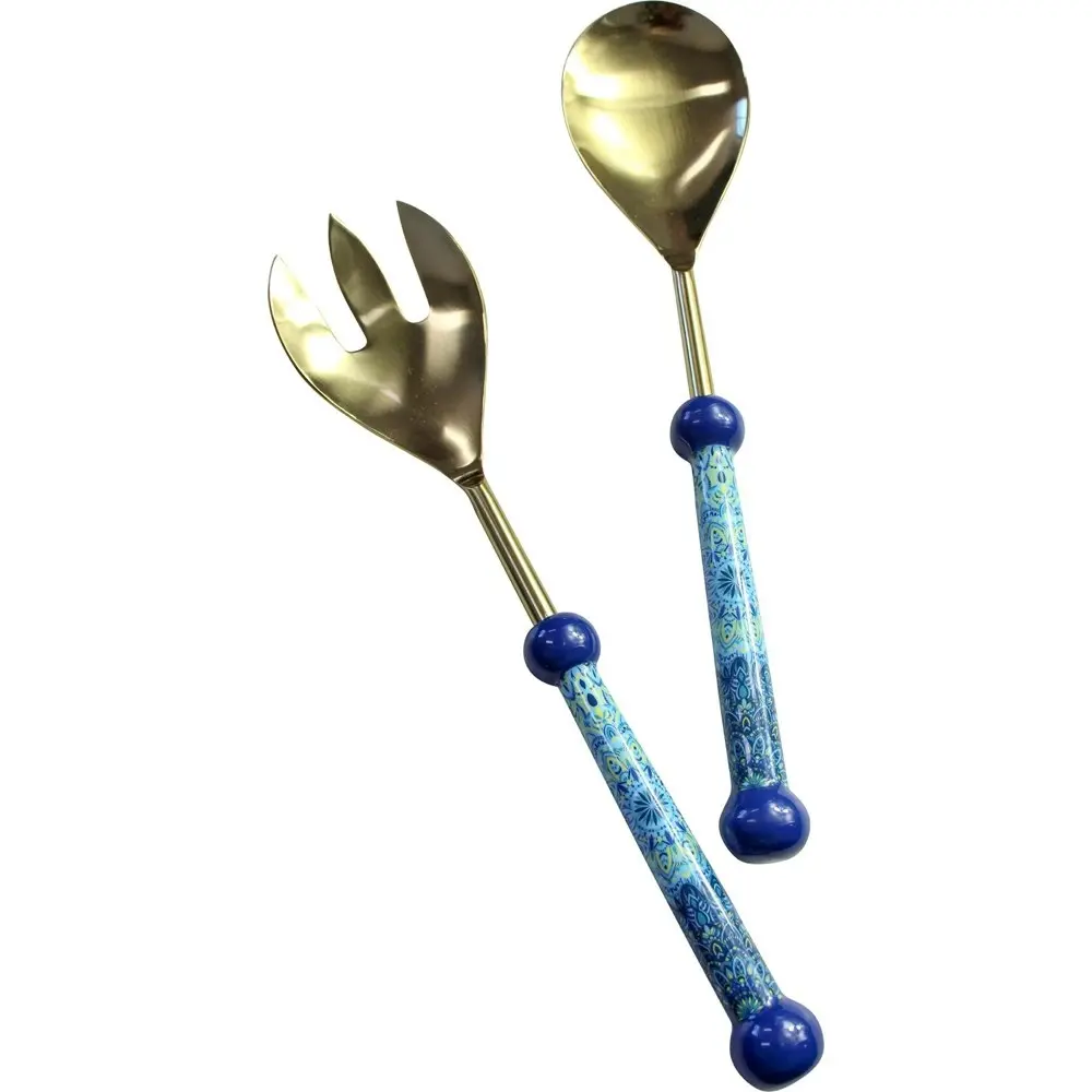 2pc LVD Aluminum Salad Server Porto Spoon/Fork Serving Utensils 28cm GLD/BLU