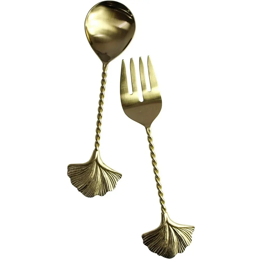 2pc LVD Brass Spoon/Fork Salad Server Leaf Handle Food Serving Utensils Gold