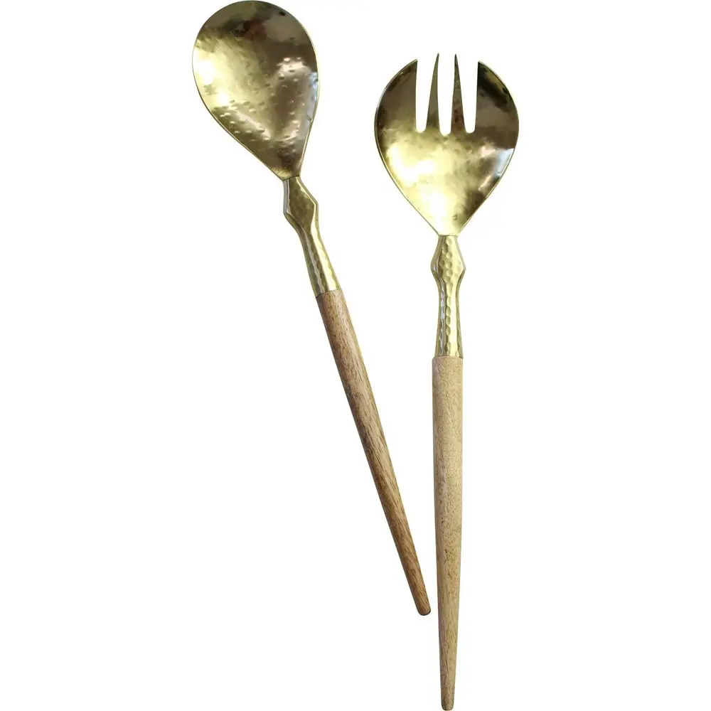 2pc LVD Brass Rustic Spoon/Fork Servers Wood Handle Utensils 30cm Gold/Brown