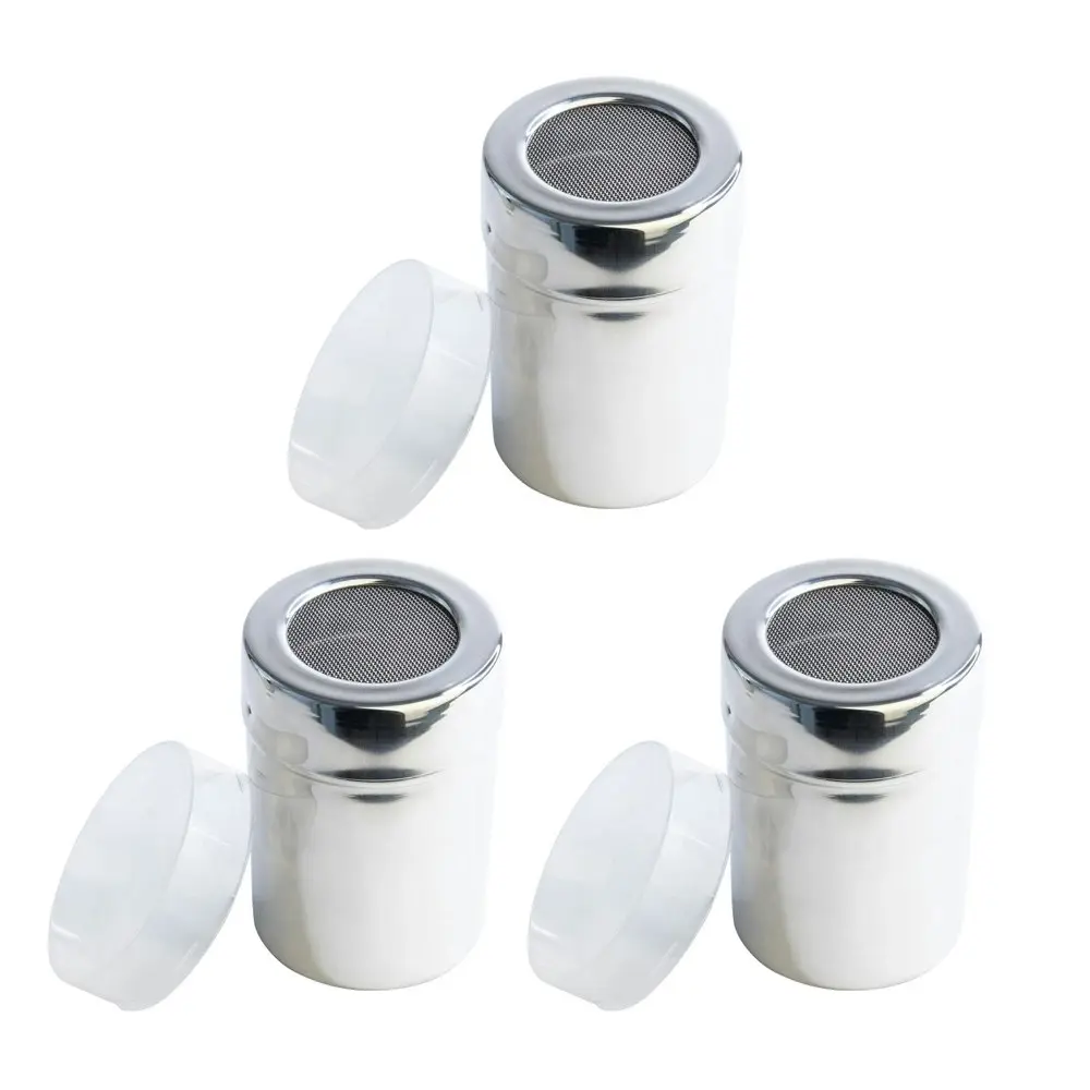 3x Cuisena Stainless Steel Mesh Shaker Icing Sugar Container Round w/Lid Silver