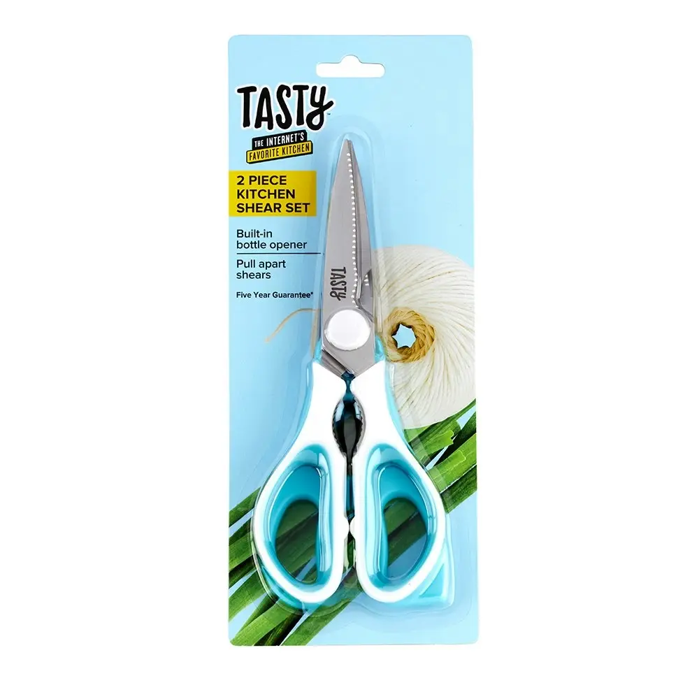 2pc Tasty Kitchen Shears w/Built-In Bottler Opener Cutting Utensil White/Blue