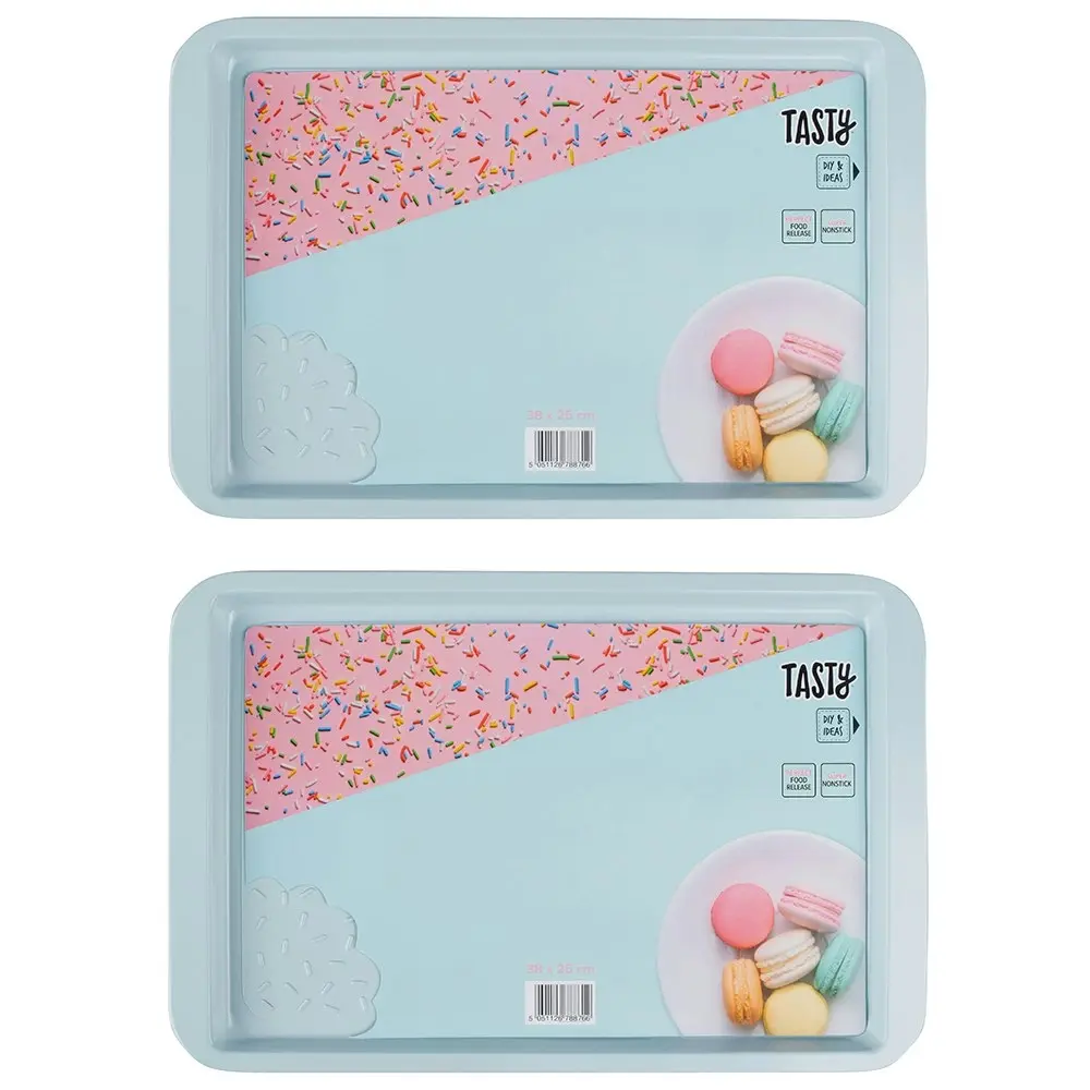 2x Tasty Non-Stick Cookie Sheet Tray Baking Mould Pan Rectangle 38cm Light Blue