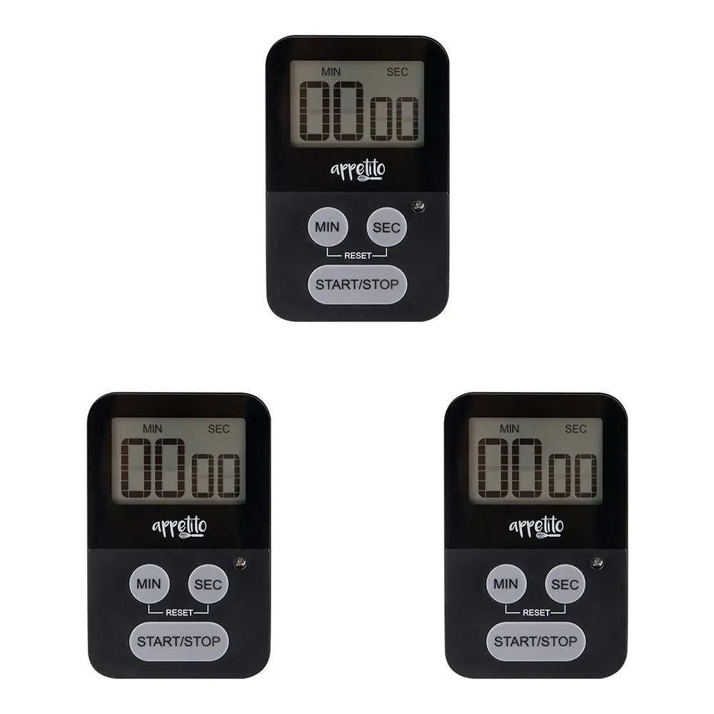 3x Appetito Slim-Line Body Magnetic Electronic Digital Timer 100 Minutes Black