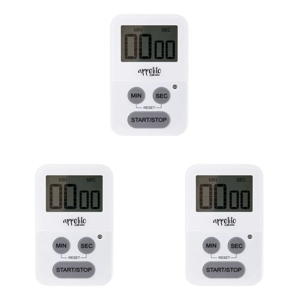 3x Appetito Slim-Line Body Magnetic Electronic Digital Timer 100 Minutes White