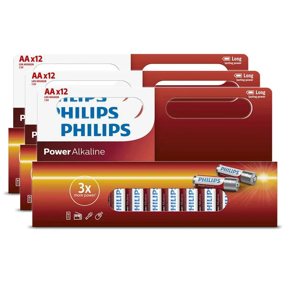 36PK Philips AA Alkaline Single Use Battery 1.5V LR6 Long Lasting Batteries