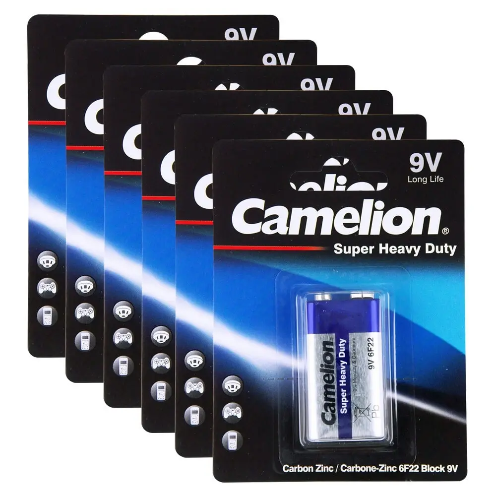 6x Camelion Super Heavy Duty 9V 6F22 Block 9V Battery Carbon Zinc Batteries