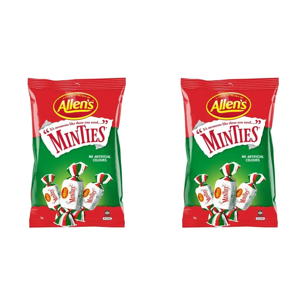 2x Allen's 1kg Minties Peppermint Flavoured Chewy Candy/Lolly Snack Pack Bag