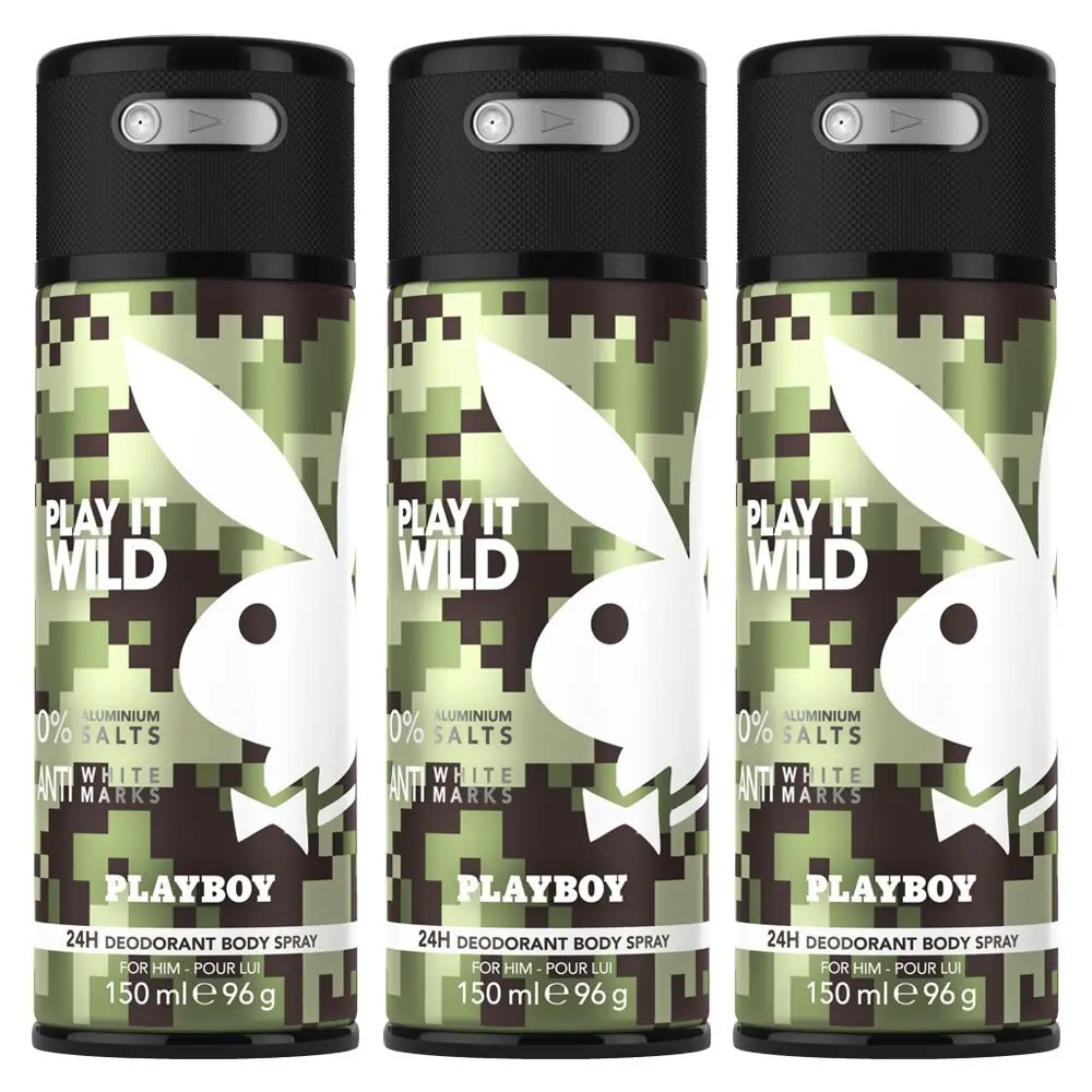 3x Playboy Play It Wild 150ml Deodarant Spray 24h Body Odor Control for Men/Him