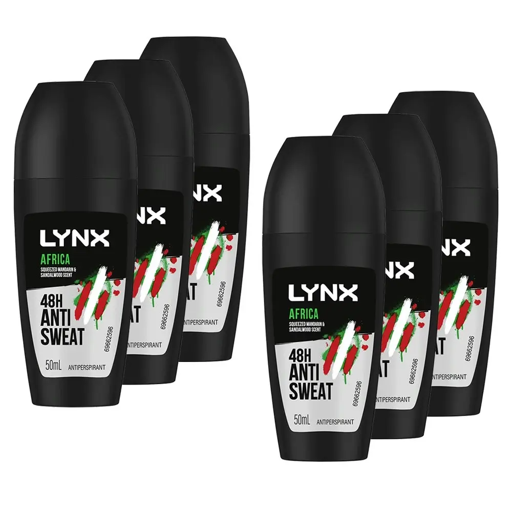 6x Lynx Men 50ml Antiperspirant Roll On 48Hr Sweat Protection f/Underarms Africa