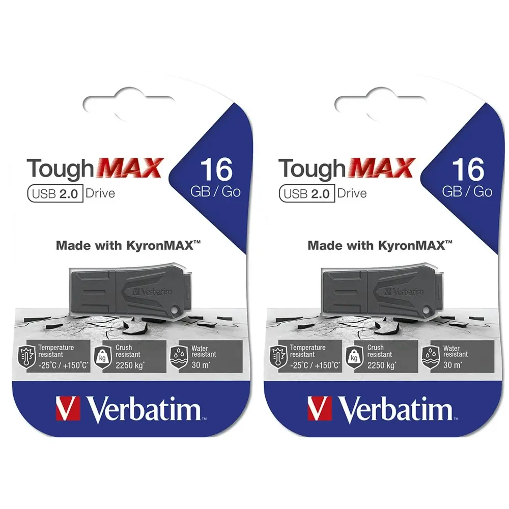 2PK Verbatim ToughMAX USB 2.0 Flash Drive 16GB Storage Stick For Laptop/PC Black