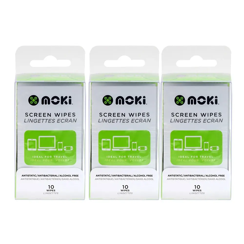 3x 10pc Moki Antistatic/Anti-Bacterial/Alcohol Free Laptop/Computer Screen Wipes