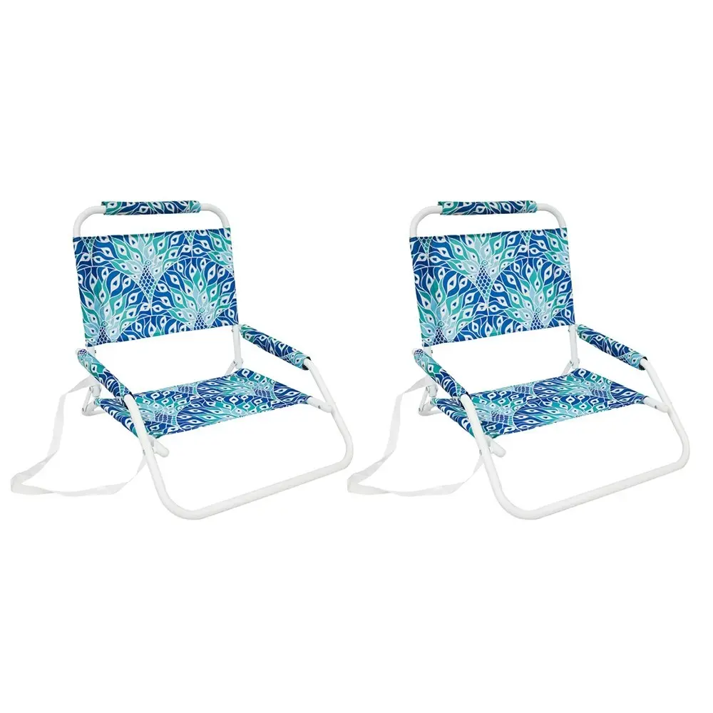 2x Good Vibes Beach Chair Foldable 60x58x50cm w/Wht Frame Peacock Paradise Print