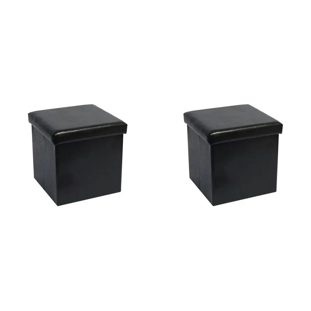 2x Vistara Folding Storage Ottomon Seat Faux Leather Finish Black 38x38x37cm