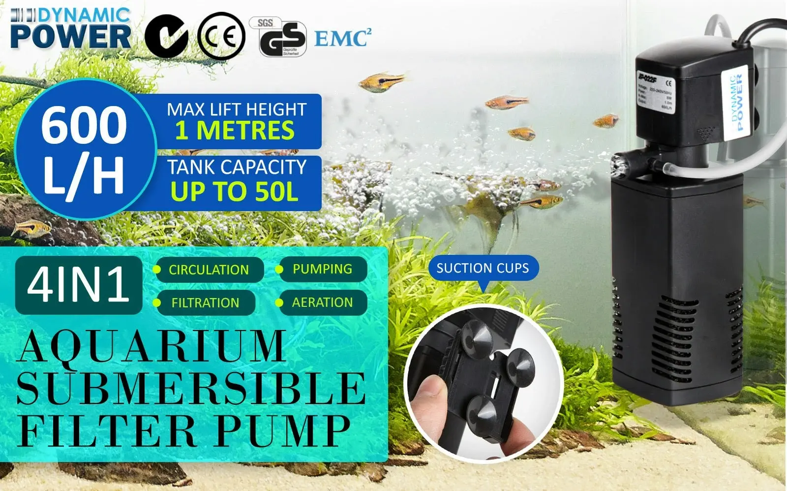 Dynamic Power Aquarium Submersible Filter 600L/H 8W 1M Pond Pump - One Size