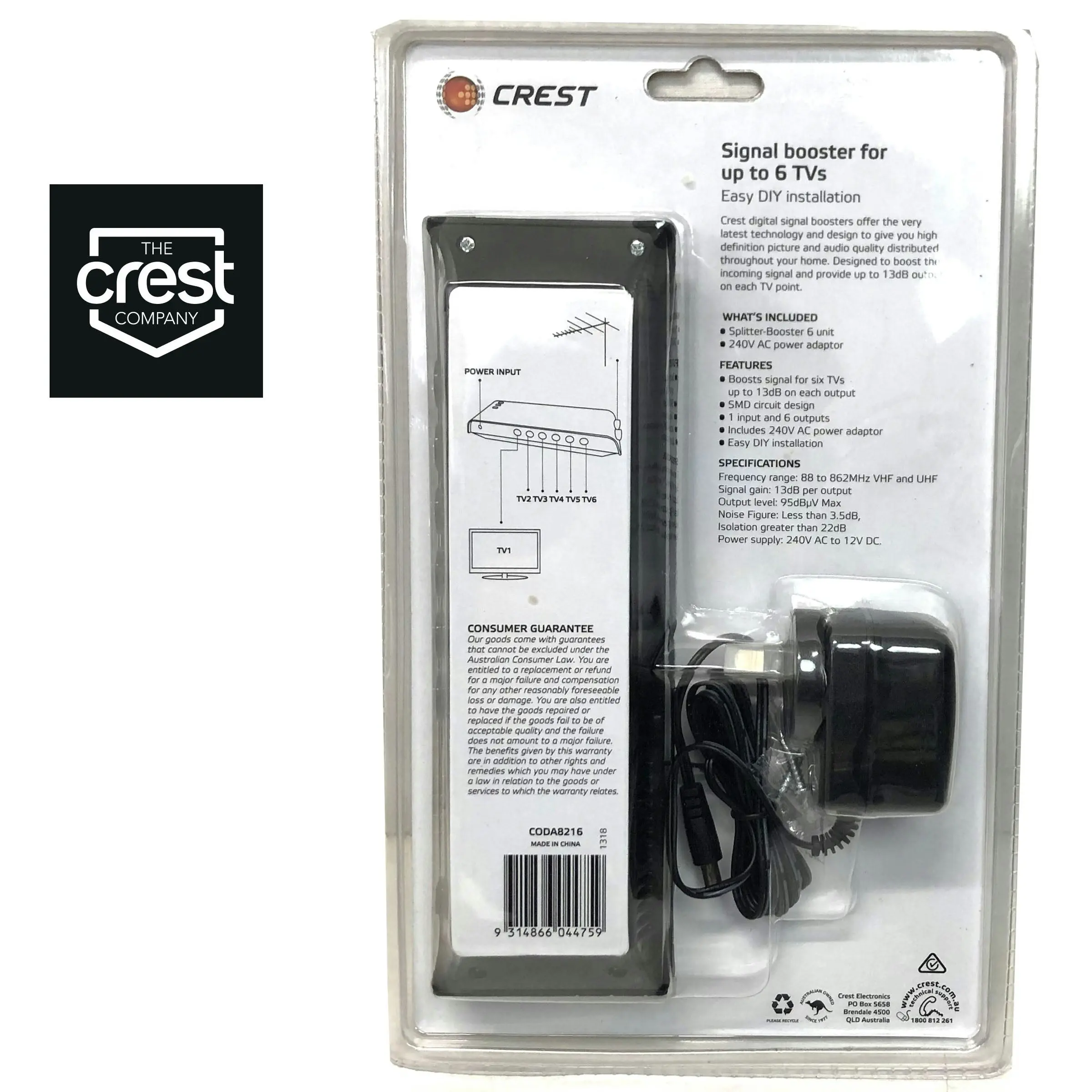 Crest Uhf Vhf Digital Tv Signal Splitter Distributor 6 Outputs - One Size