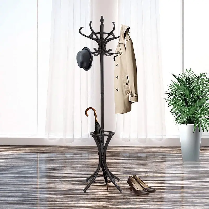 Carla Home Brown Coat Rack With Stand Wooden Hat And 12 Hooks Hanger Walnut Tree