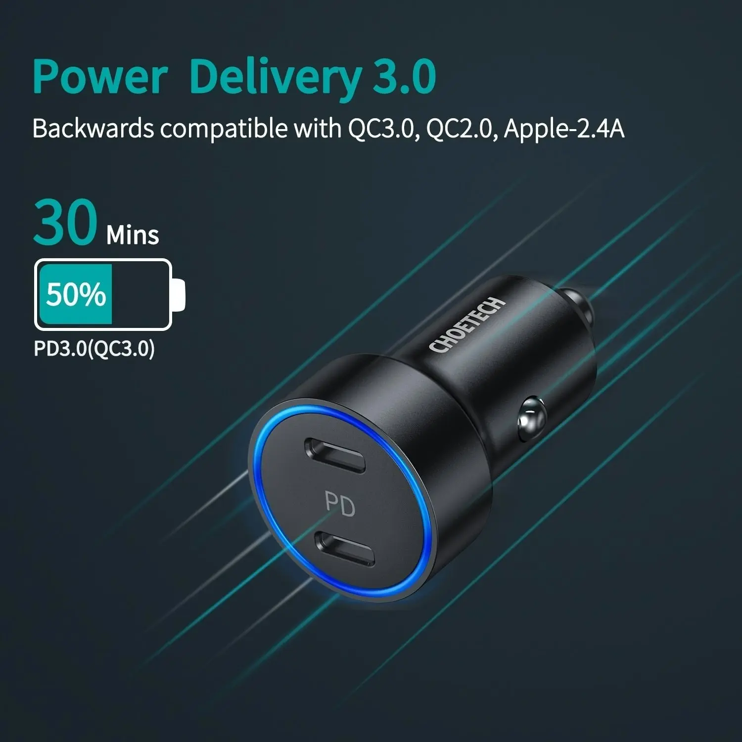 Choetech C0054 2-Port 40W Usb-C Car Charger Adapter - One Size