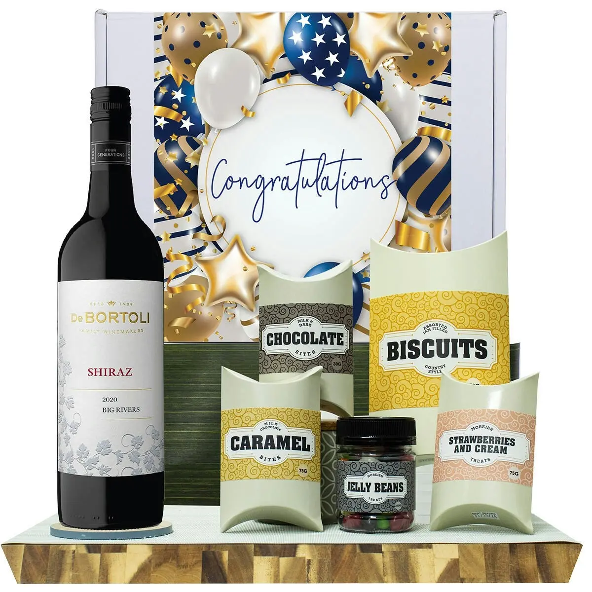 20521F Congratulations Gourmet Hamper with De Bortoli Big Rivers Shiraz