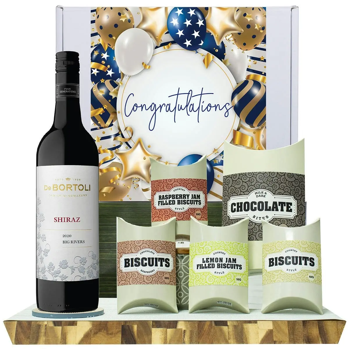 20621F Congratulations Gourmet Hamper with De Bortoli Big Rivers Shiraz