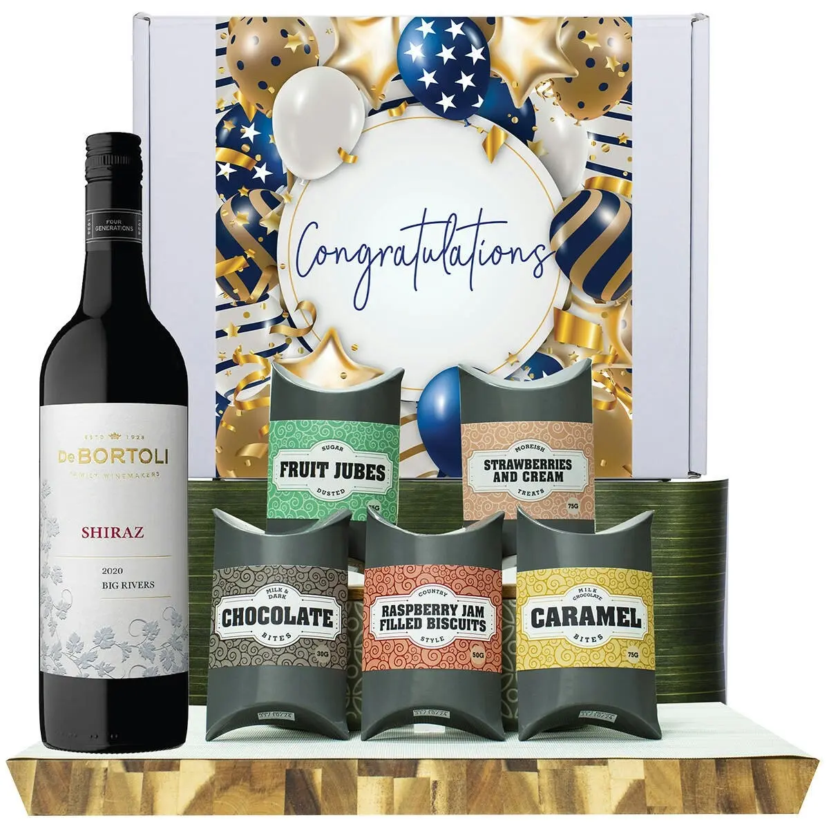 20821F Congratulations Gourmet Hamper with De Bortoli Big Rivers Shiraz