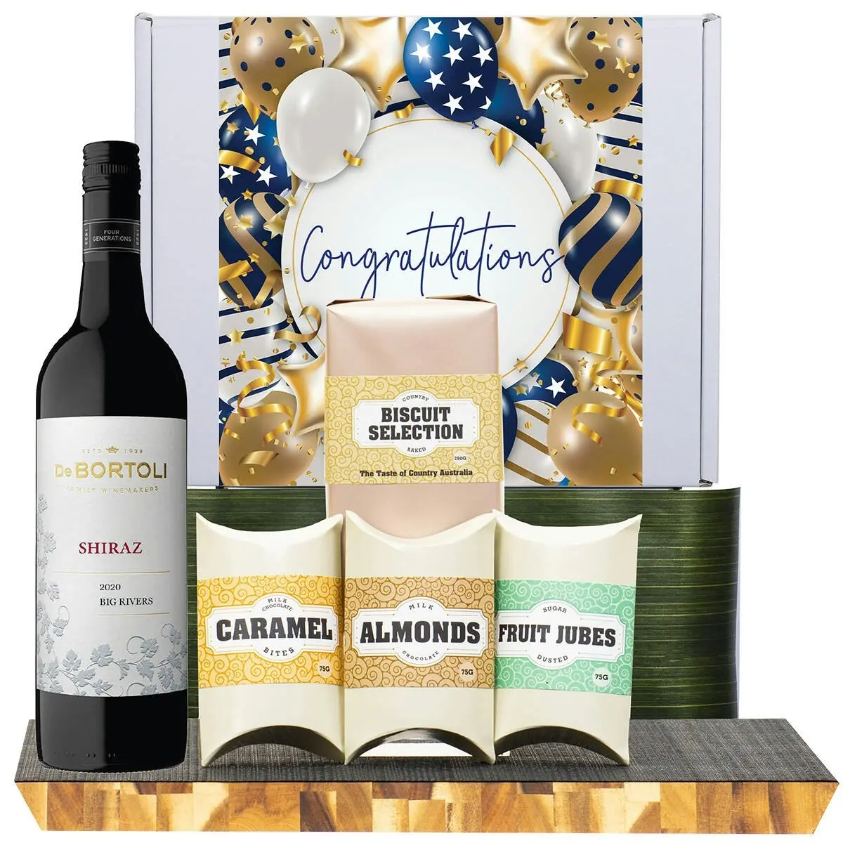 21021F Congratulations Gourmet Hamper with De Bortoli Big Rivers Shiraz