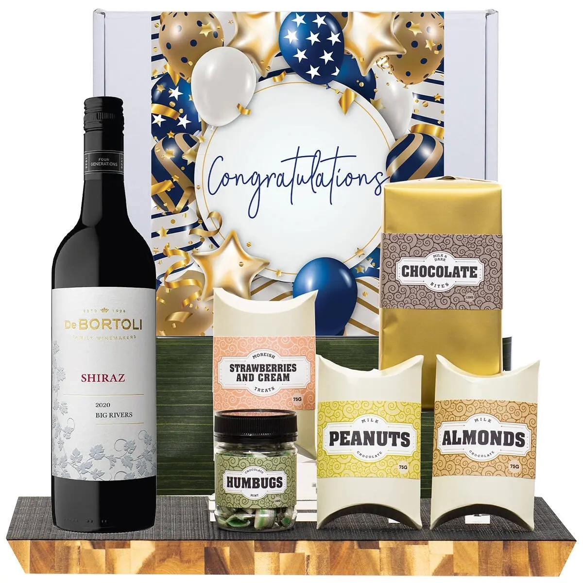 21221F Congratulations Gourmet Hamper with De Bortoli Big Rivers Shiraz