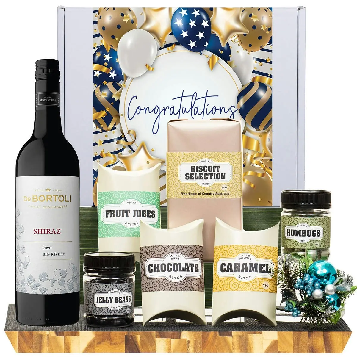 21721F Congratulations Gourmet Hamper with De Bortoli Big Rivers Shiraz