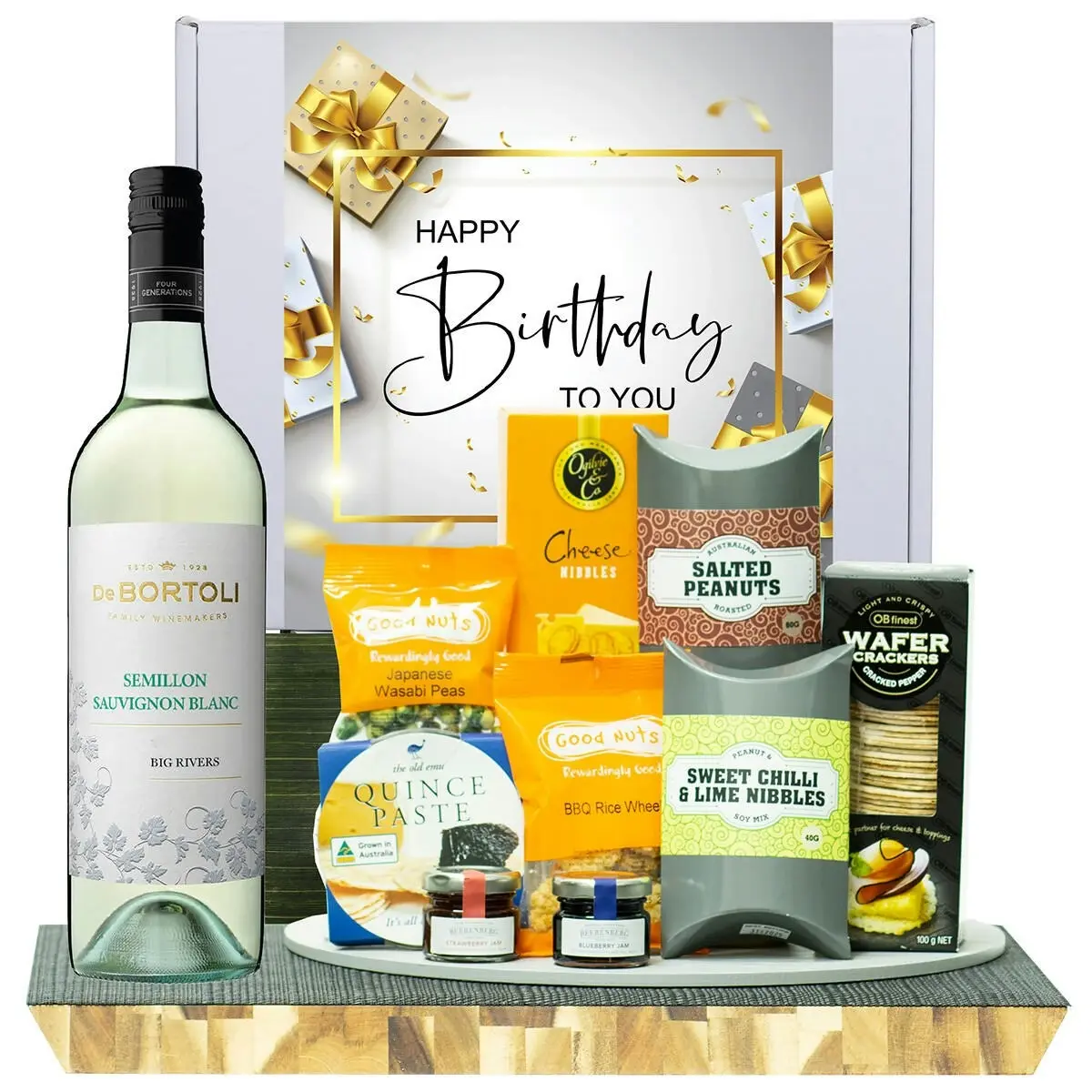 22922C  Happy Birthday Gourmet Hamper with De Bortoli Big Rivers Semillon Sauvignon Blanc