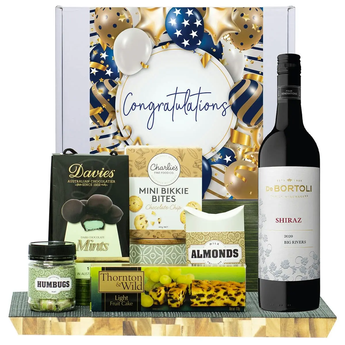 23821F Congratulations Gourmet Hamper with De Bortoli Big Rivers Shiraz