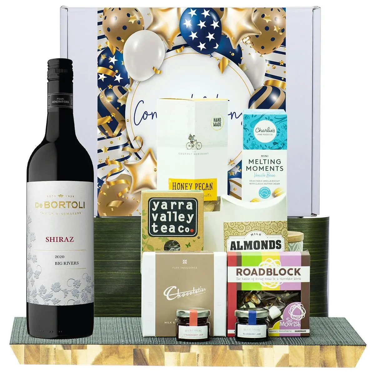 24121F Congratulations Gourmet Hamper with De Bortoli Big Rivers Shiraz