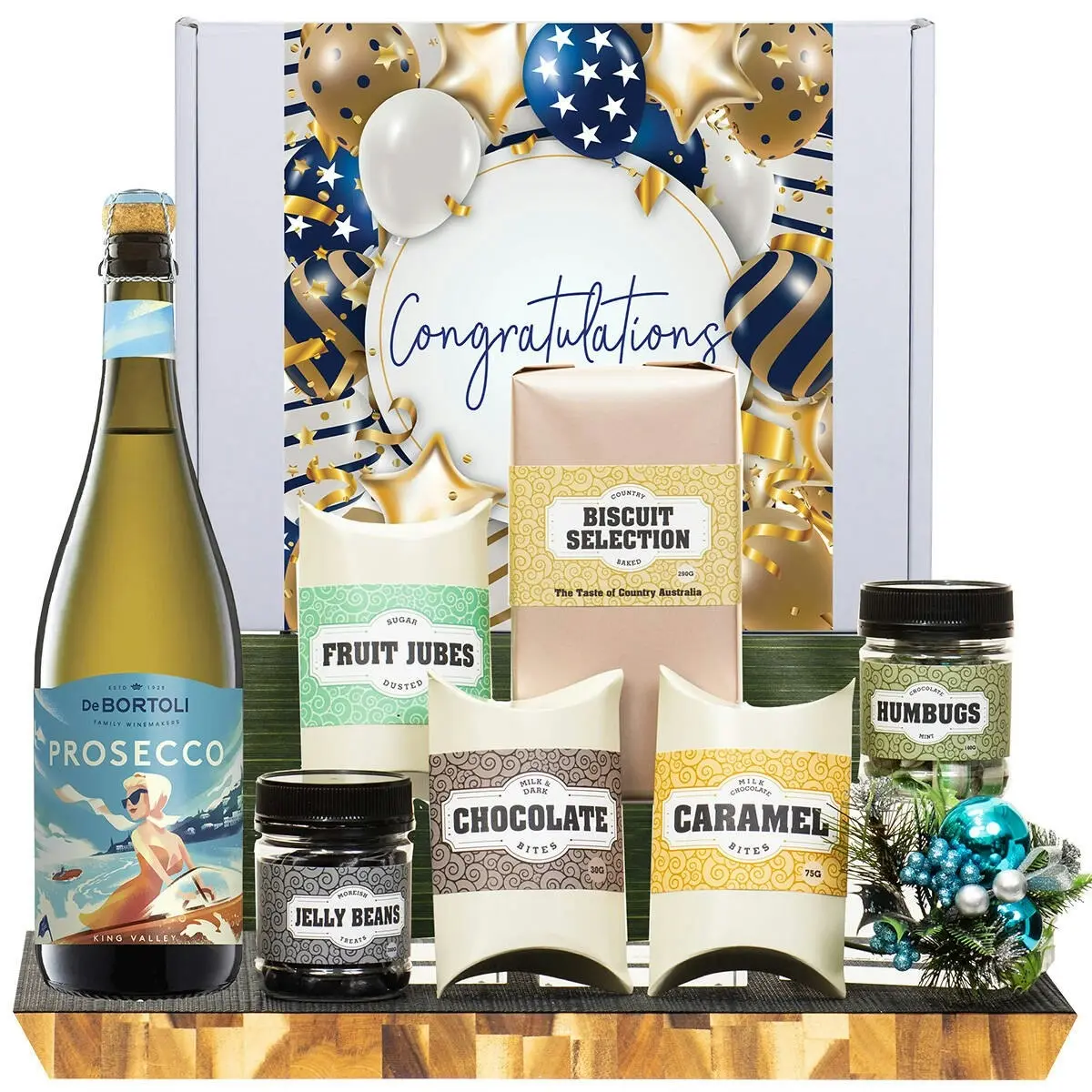 21737F Congratulations Goumet Hamper with De Bortoli King Valley Prosecco