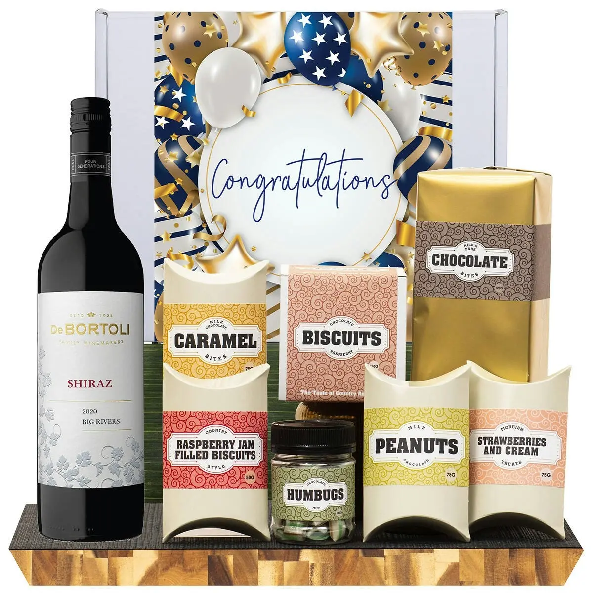 21821F Congratulations Gourmet Hamper with De Bortoli Big Rivers Shiraz