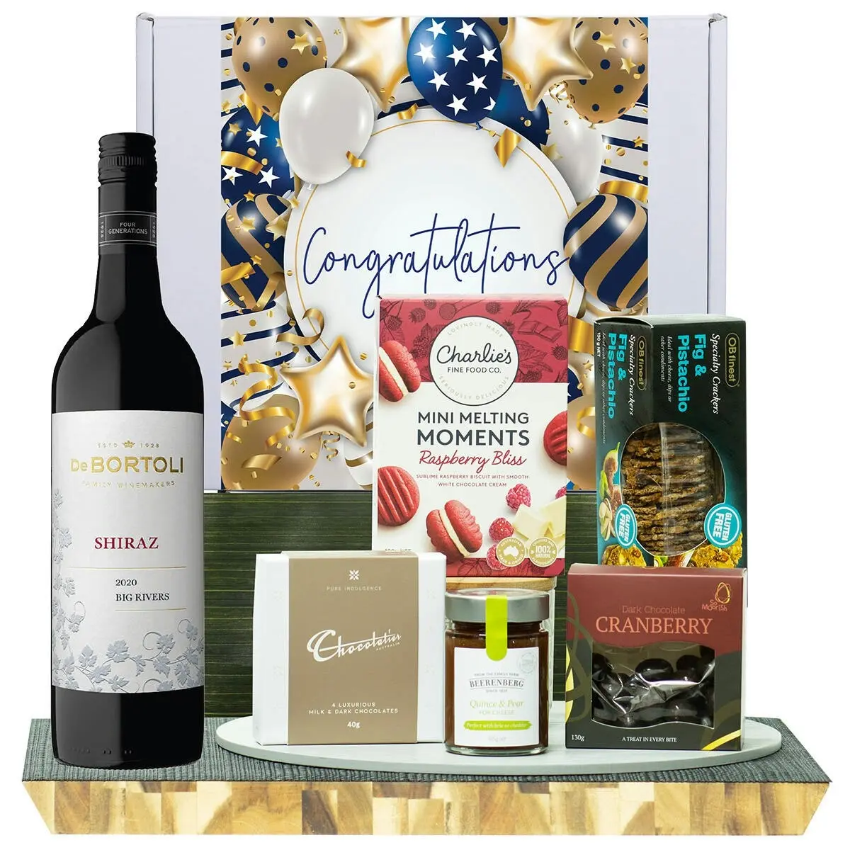 22021F Congratulations Gourmet Hamper with De Bortoli Big Rivers Shiraz