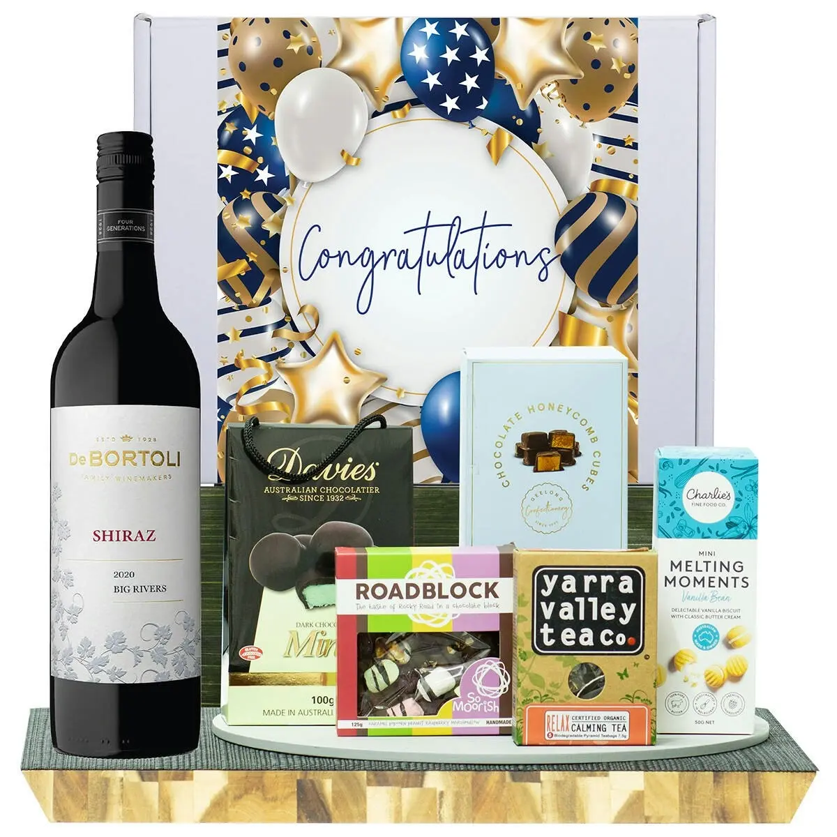 22121F Congratulations Gourmet Hamper with De Bortoli Big Rivers Shiraz