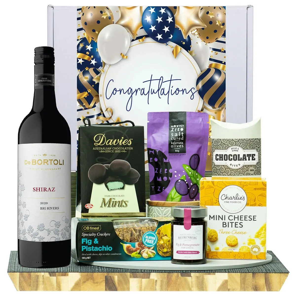 22221F Congratulations Gourmet Hamper with De Bortoli Big Rivers Shiraz