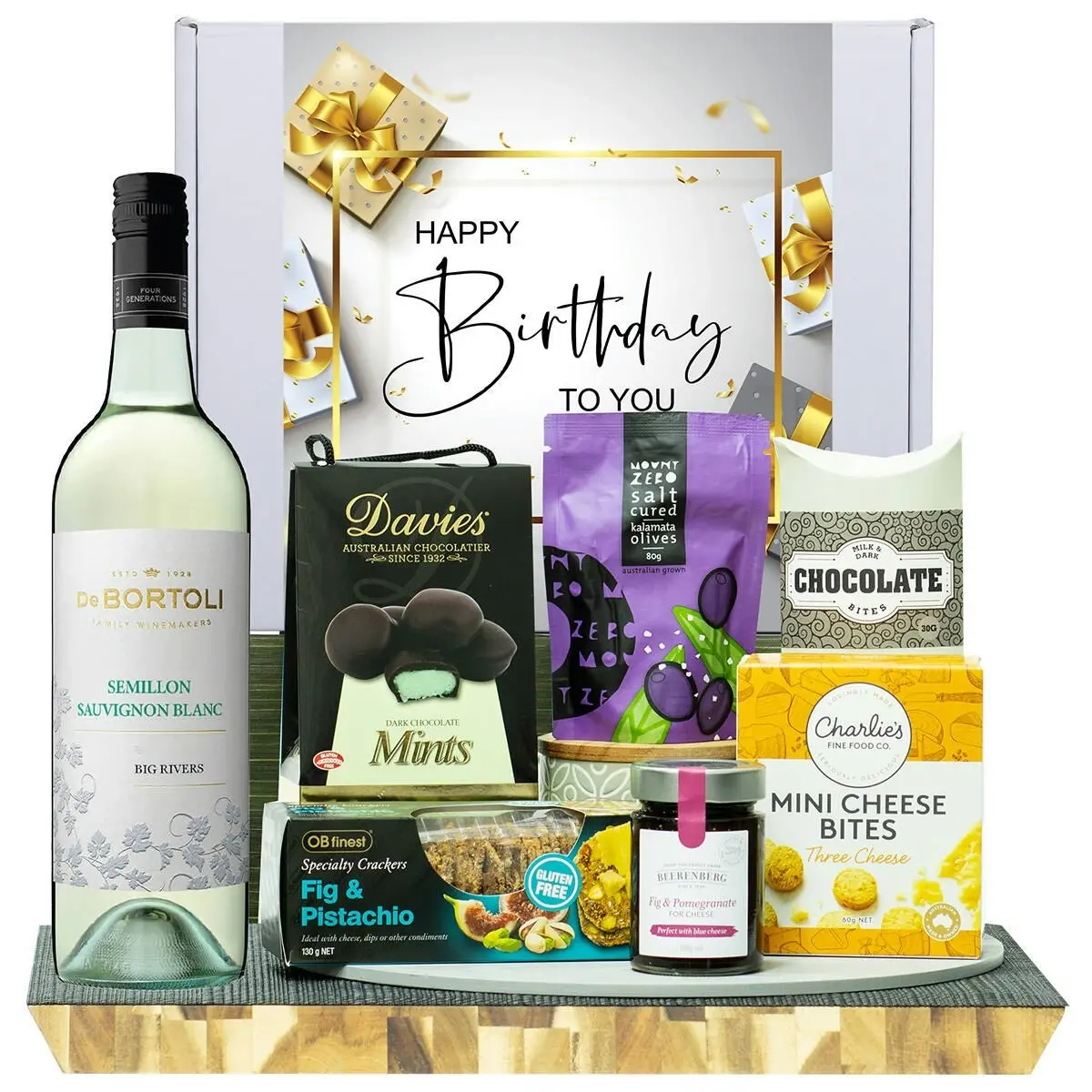 22222C Happy Birthday Gourmet Hamper with De Bortoli Big Rivers Semillon Sauvignon Blanc