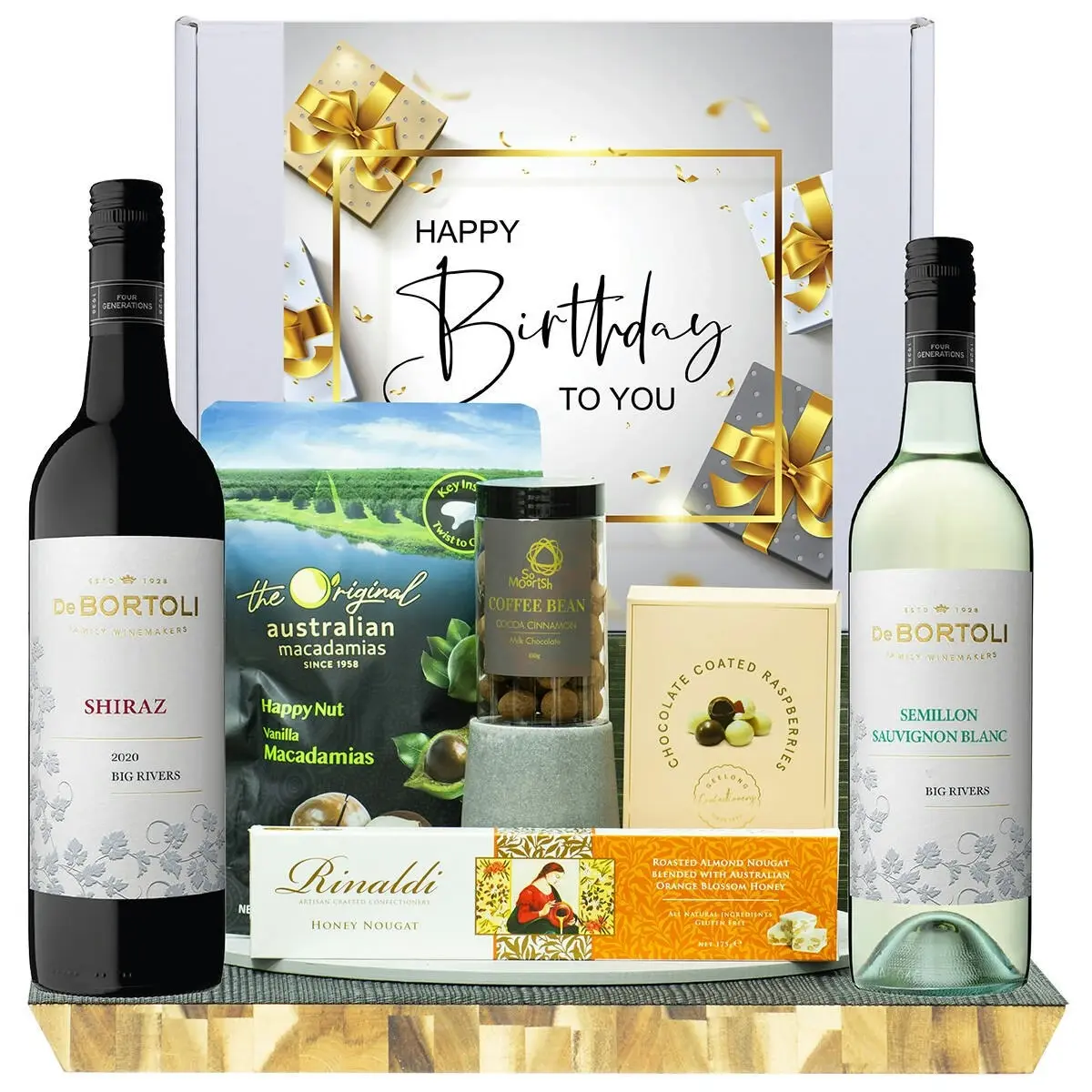 22423C Happy Birthday Gourmet Hamper with De Bortoli Big Rivers Semillon Sauvignon Blanc