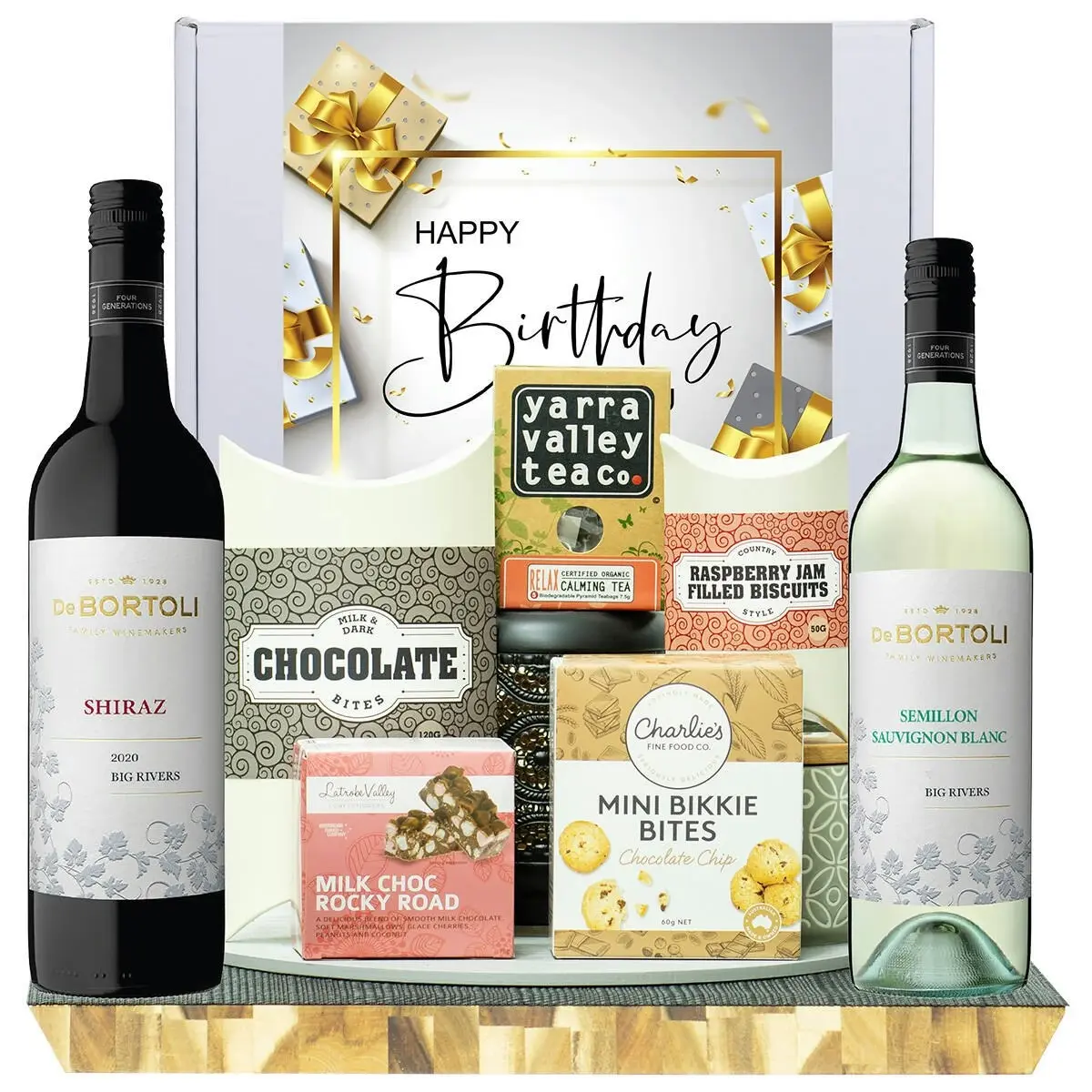 22623C Happy Birthday Gourmet Hamper with De Bortoli Big Rivers Shiraz