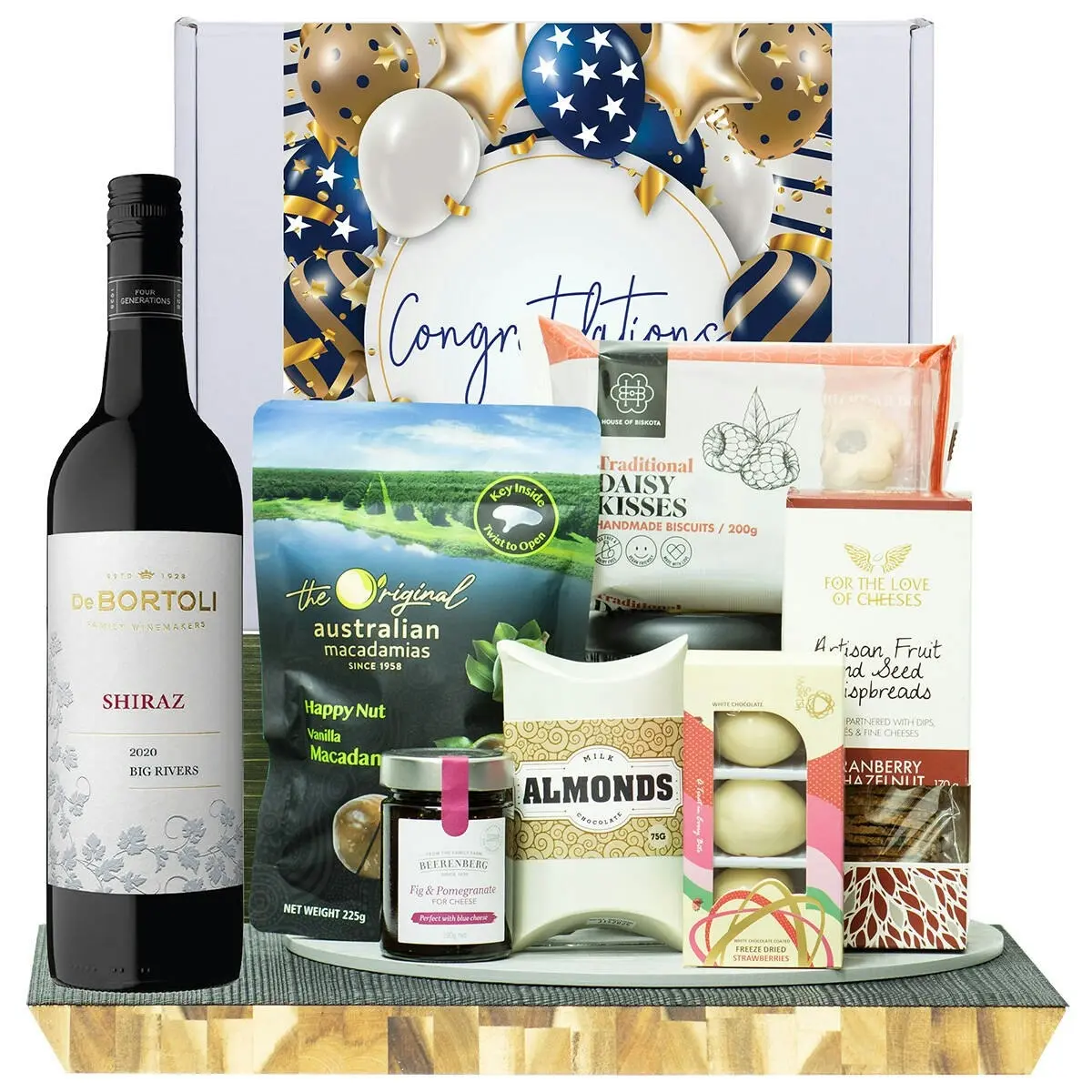 22721F Congratulations Gourmet Hamper with De Bortoli Big Rivers Shiraz