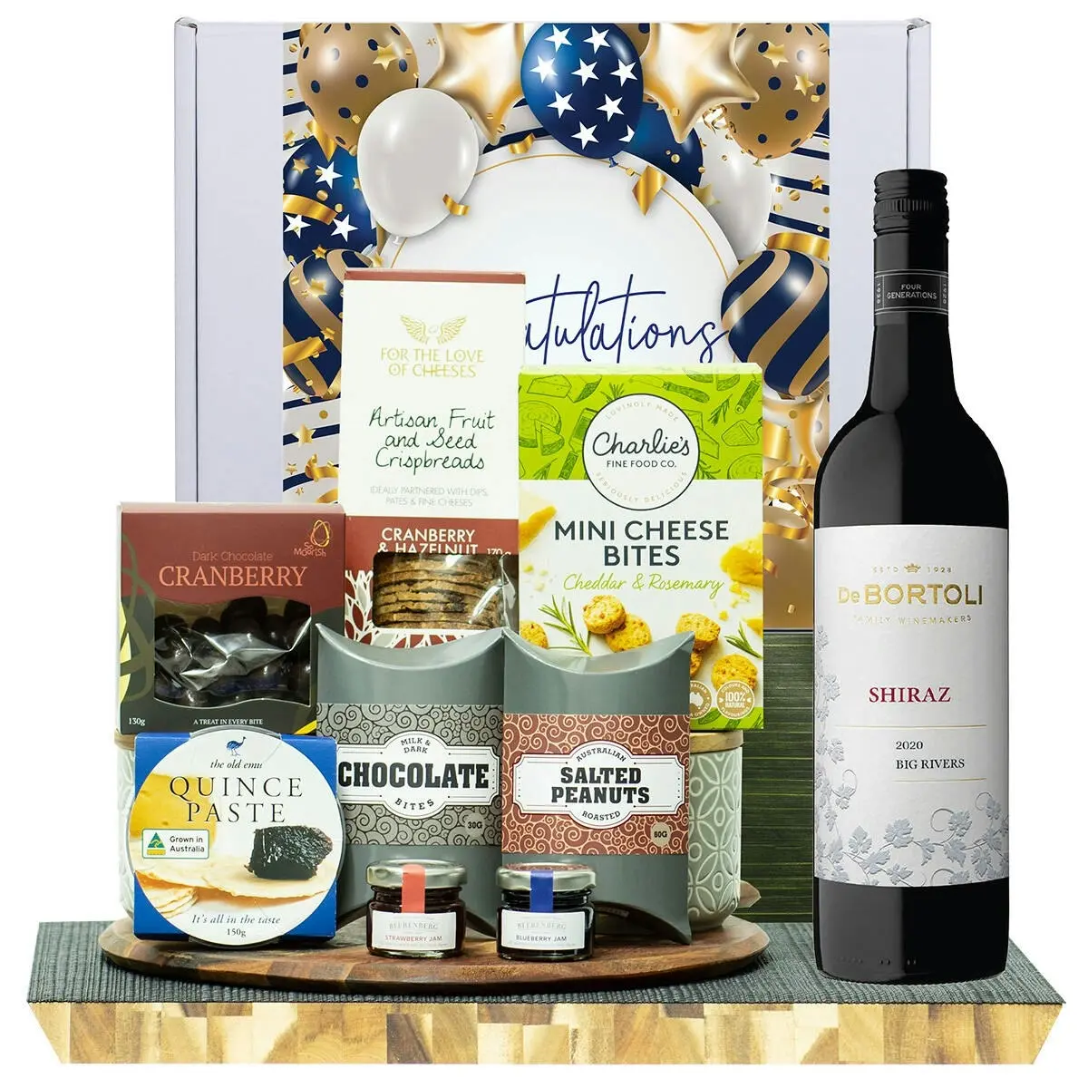 23321F Congratulations Gourmet Hamper with De Bortoli Big Rivers Shiraz