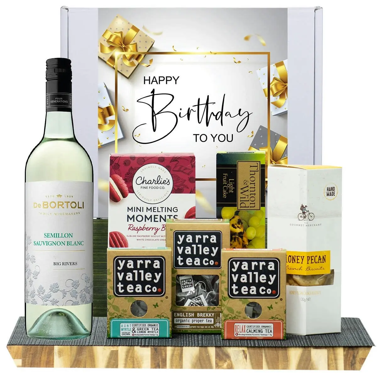 29722C Happy Birthday Gourmet Hamper with De Bortoli Big Rivers Semillon Sauvignon Blanc