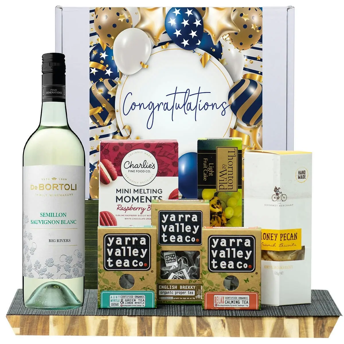 29722F Congratulations Gourmet Hamper with De Bortoli Big Rivers Semillon Sauvignon Blanc