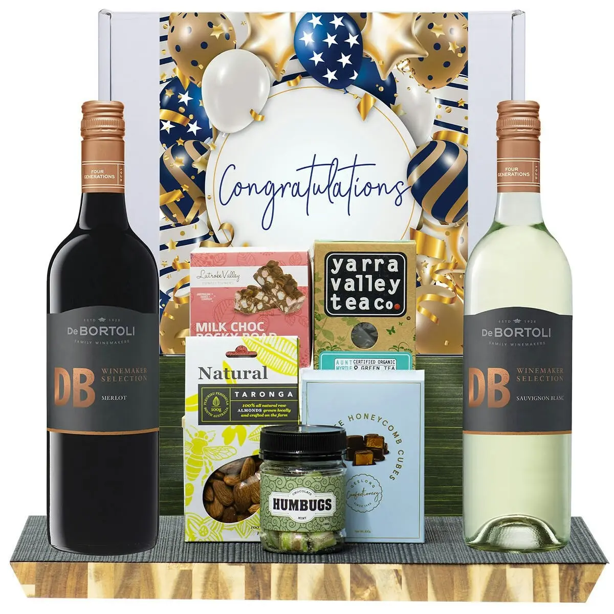 29126F Congratulations Gourmet Hamper with De Bortoli DB Merlot