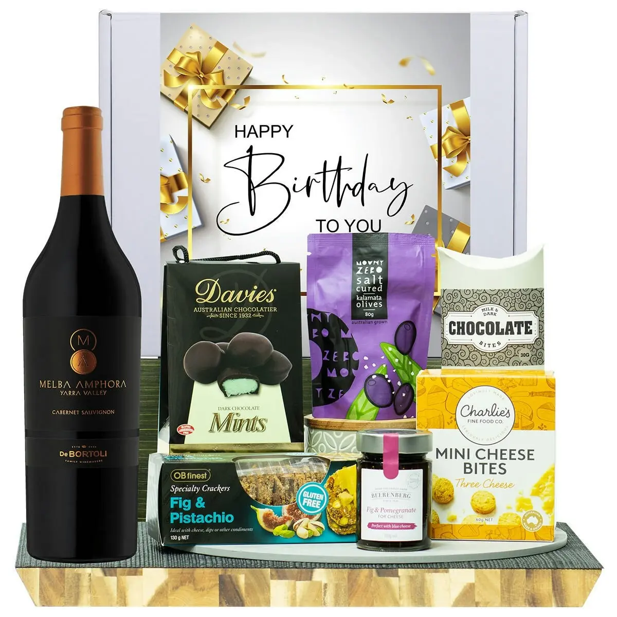 22233C Happy Birthday Gourmet Hamper with De Bortoli Melba Amphora Cabernet Sauvignon