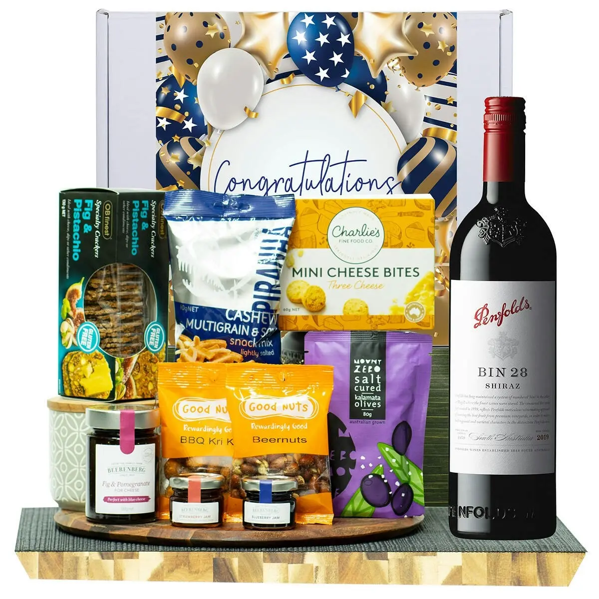 23208F Congratulations Gourmet Hamper with Penfolds Bin 28 Shiraz